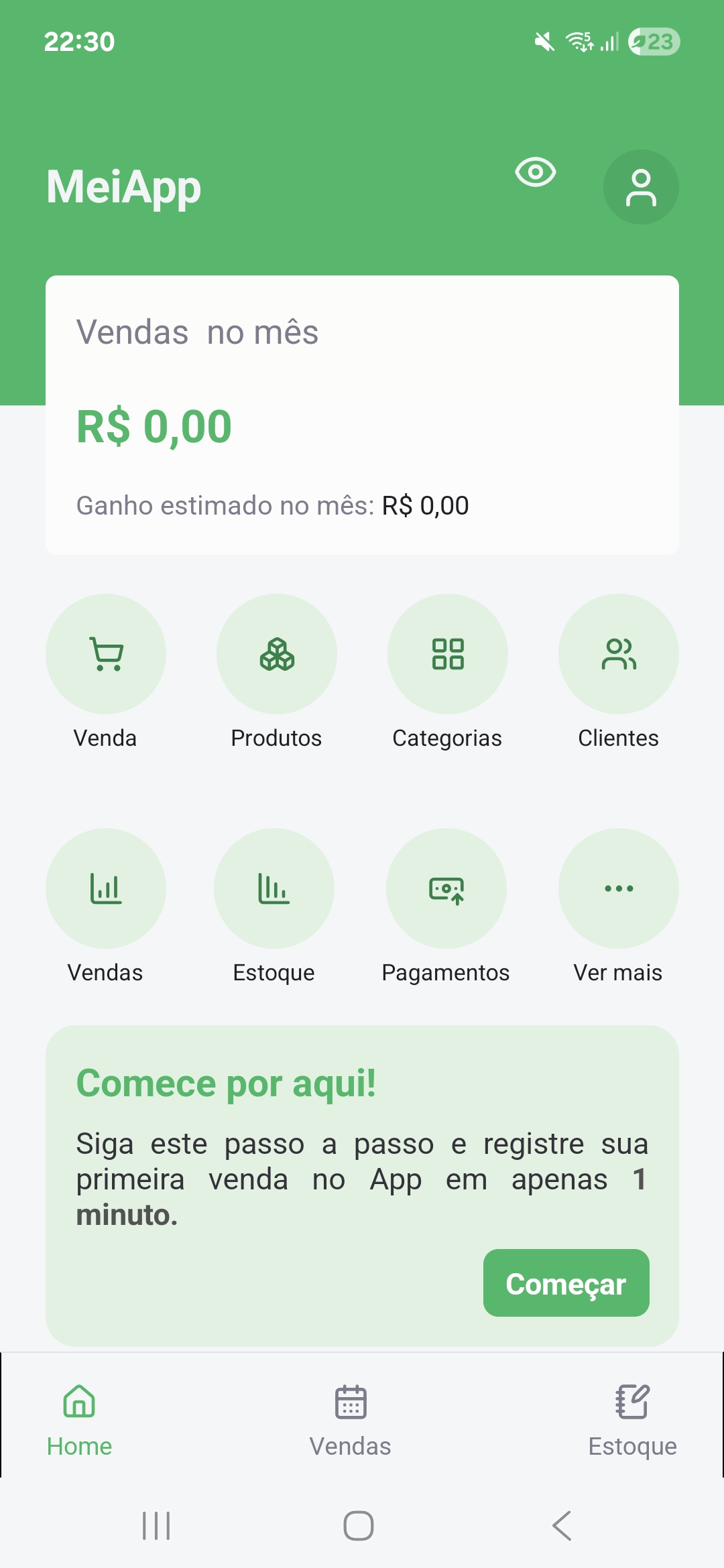 Tela de registro de venda no aplicativo MeiApp