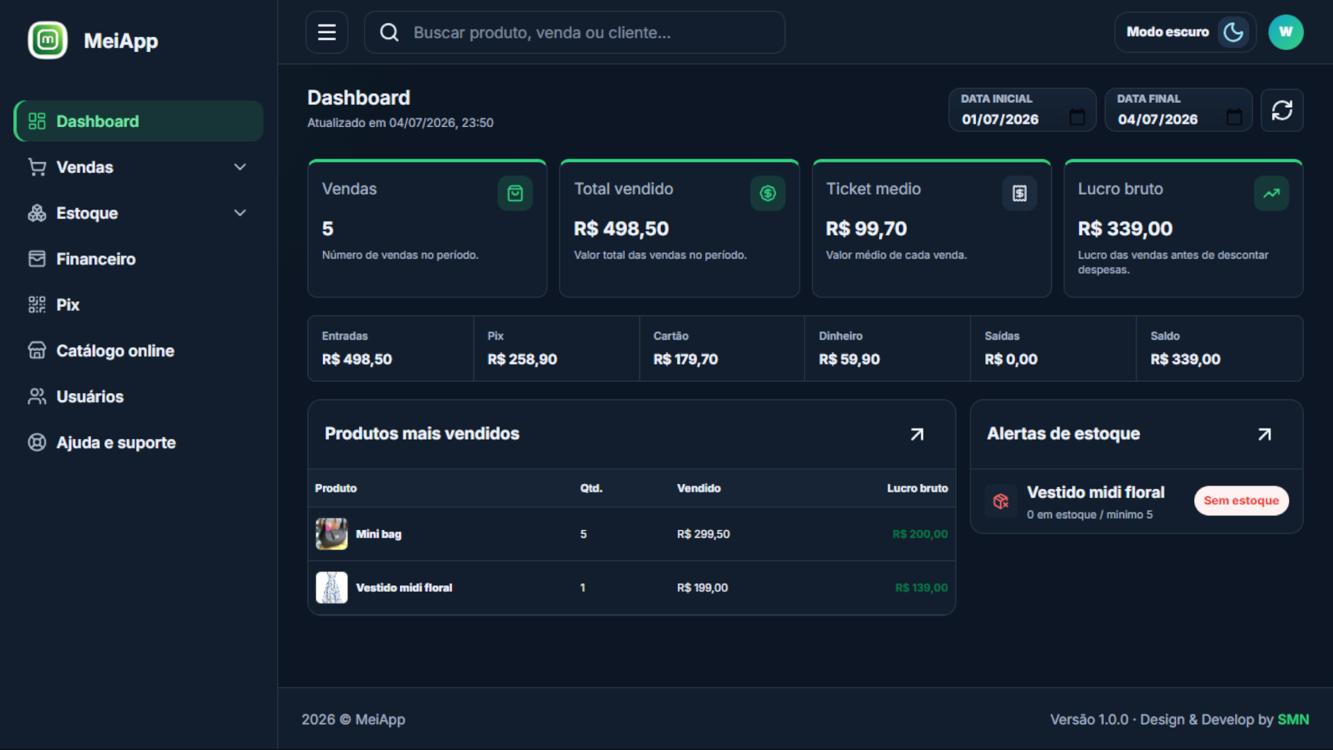 Dashboard do MeiApp em modo escuro em um computador
